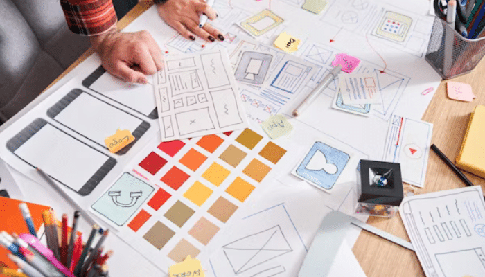 An individual engaged in a design project, with numerous sheets of paper and pens scattered around them.