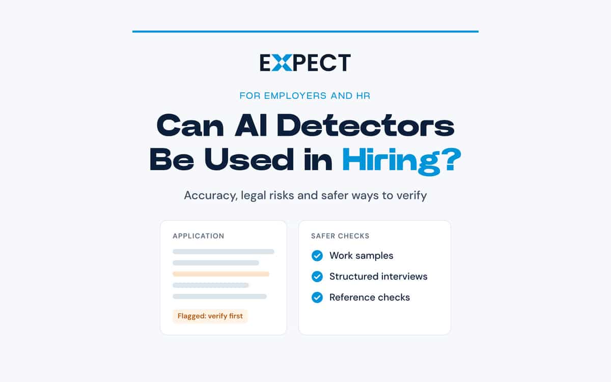 AI detectors in hiring, flagged job application next to safer candidate checks